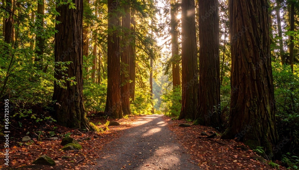 Obraz premium A tranquil forest path illuminated by sunlight streaming through towering trees