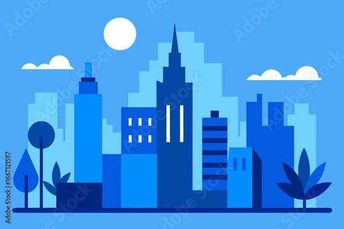 Modern flat design cityscape with tall buildings under a blue sky