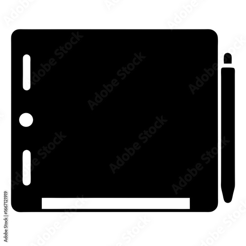 Black drawing tablet with stylus and shortcut buttons, illustration and graphic design