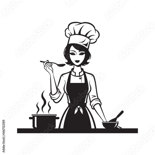 Elegant female chef tastes her creation in a black and white vector illustration perfect for culinary websites and branding projects