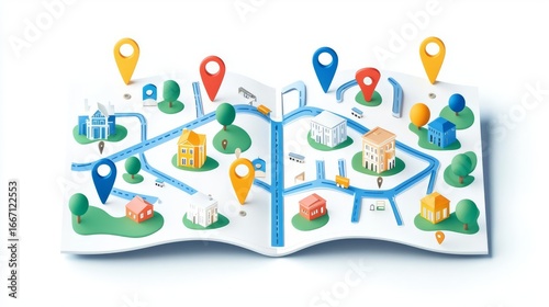 An illustrated map showcasing various locations with colorful markers, perfect for travel planning and adventures.