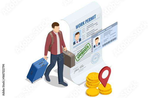 Isometric illustration of a man with suitcase and passport, approved work permit for migration abroad