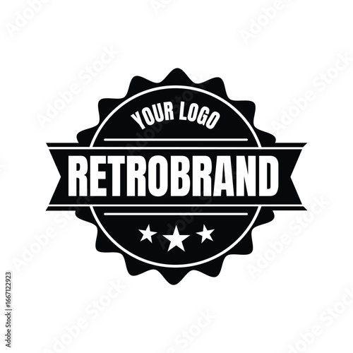 A retro style logo with the words retrobrand and your logo in black and white design emblem image on transparent background