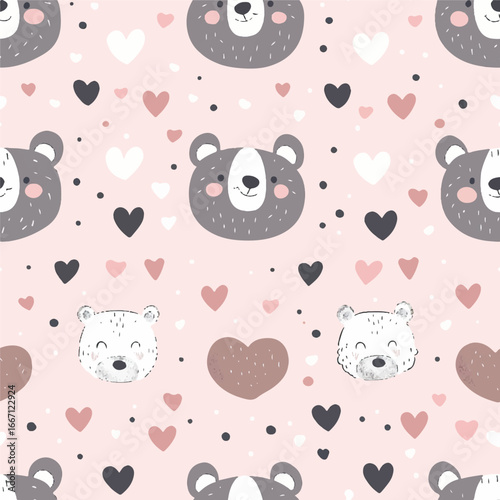 seamless pattern with bears and hearts, 14th of February print, suitable for fabric, paper, and card design