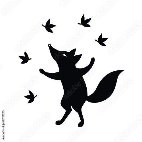 silhouette of a fox dancing happily under falling