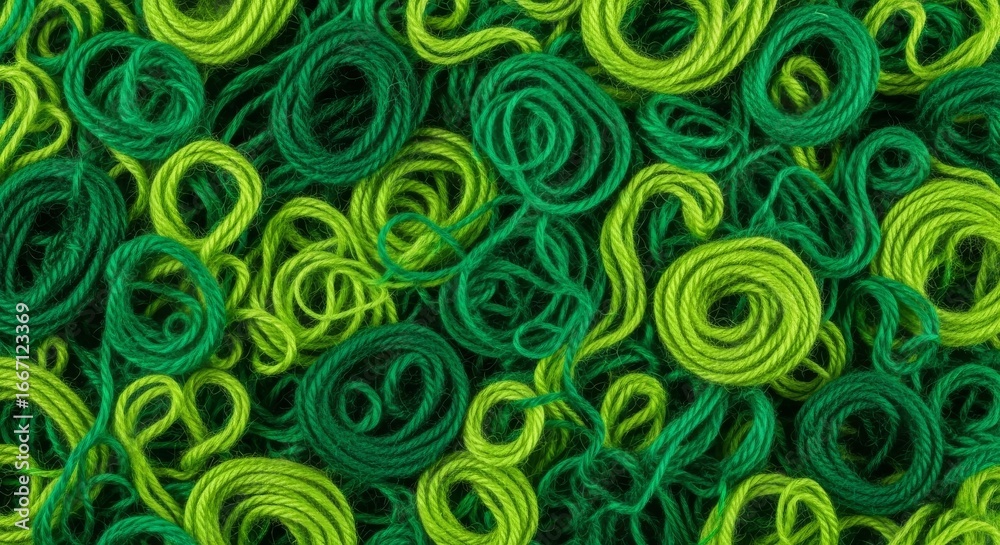 Twisted, swirling, messy pile of green yarn, background pattern Twisted, swirling, messy pile of green yarn, background pattern