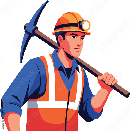 Vector, illustration, miner with digging tools, working, walking, poster, background