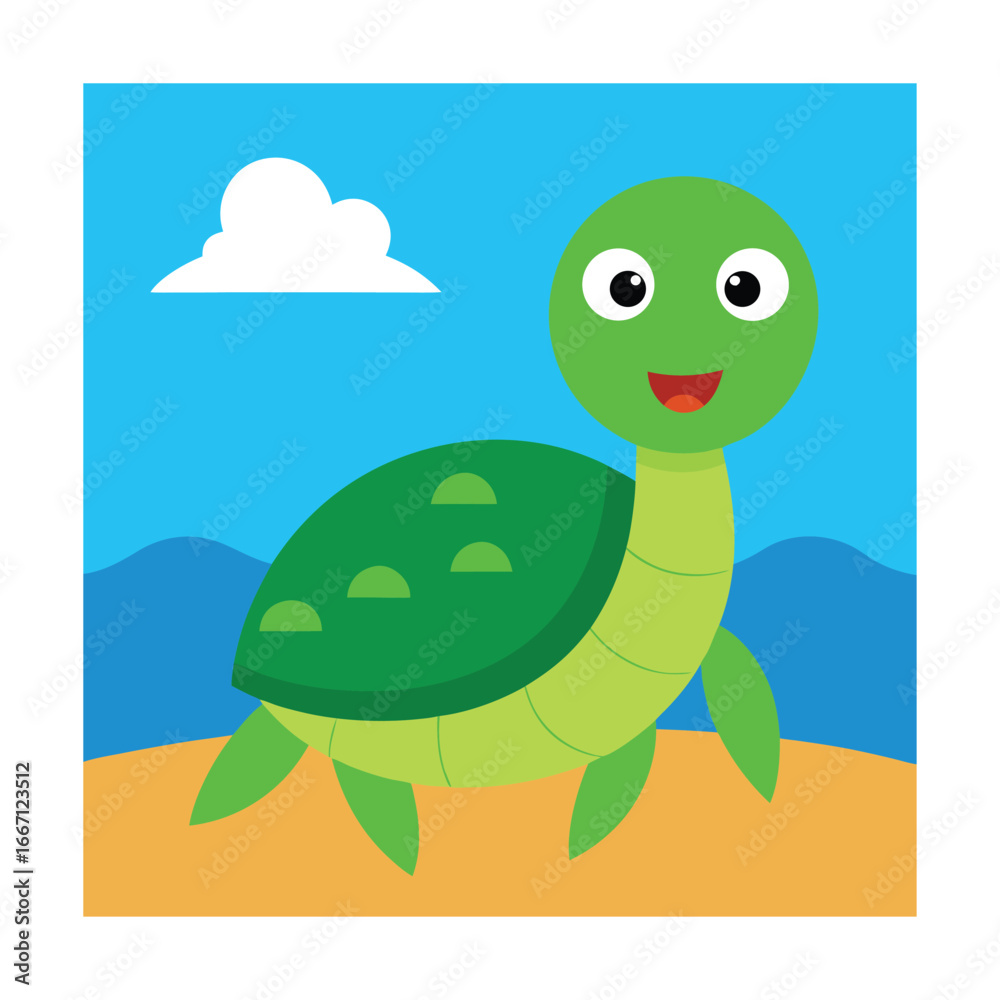 Obraz premium Green cartoon turtle on a sandy beach with blue ocean