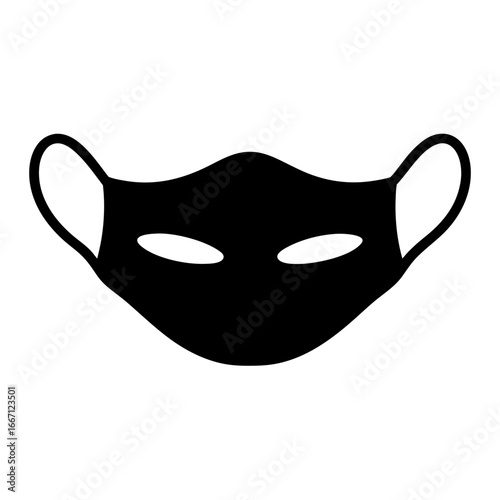 Simple black silhouette of a face mask with ear loops and eye holes