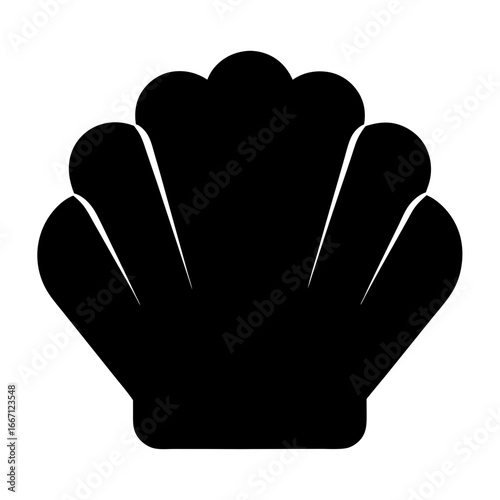 Simple black silhouette of a seashell with symmetrical ridges and lobes