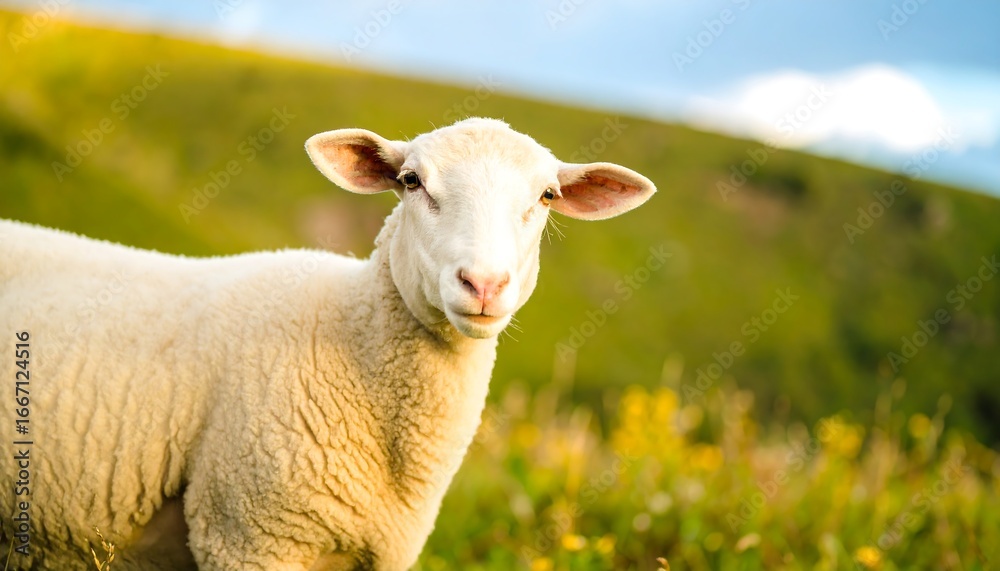 Fototapeta premium White Sheep Grazing Hillside Pasture.