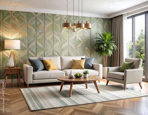Modern living room with light beige couch and green patterned wallpaper