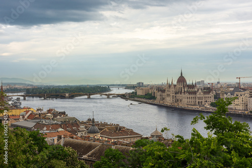 Hungarian Parliament with dome and Danube river with boats, blue sky, bird's eye view