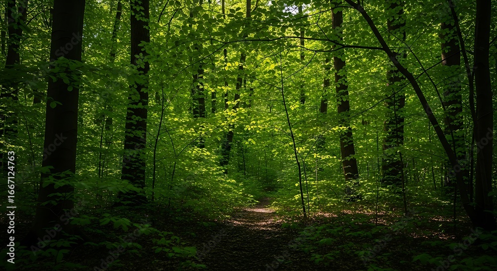 Obraz premium Sunlight filters through the trees in a lush green forest landscape