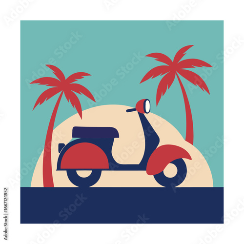 Vintage scooter with palm trees at sunset moped retro