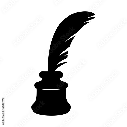 Elegant black silhouette of quill pen in inkwell, embodying creativity and writing