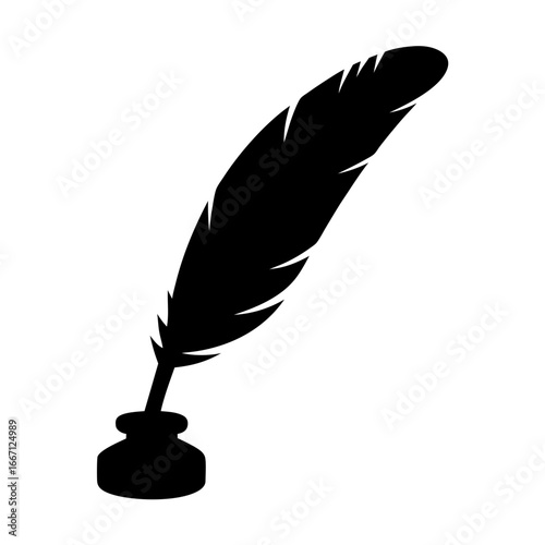 Elegant black quill pen resting in an inkwell, writing implement, antiquity