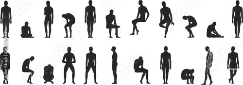 Human body silhouette different poses, yoga meditation sitting standing walking stretching exercise postures, abstract anatomy illustration, fitness health concept art