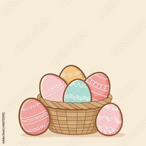 Easter cookies with icing in basket, flat vector illustration on soft pastel background, minimal clean design