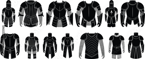 Set of medieval armor suit silhouettes, detailed knight armor designs perfect for historical illustrations, fantasy art, gaming concepts, and costume design projects.