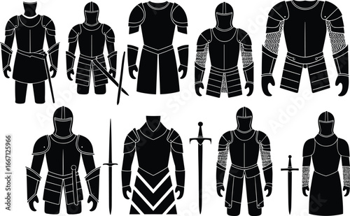Set of medieval armor suit silhouettes, detailed knight armor designs perfect for historical illustrations, fantasy art, gaming concepts, and costume design projects.