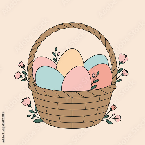 Pastel Easter eggs in woven basket, flat vector illustration with decorative floral elements, minimal clean design, soft pastel palette