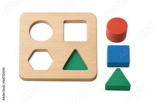 Colorful wooden shape sorter puzzle with geometric figures on transparent background