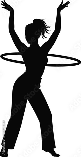 Silhouette of a woman playing with hula hoop, fitness pose, perfect for health, sport, dance, and active lifestyle illustrations or designs.