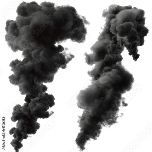 Two realistic dark gray smoke plumes rising upward with wispy tendrils isolated on transparent background
