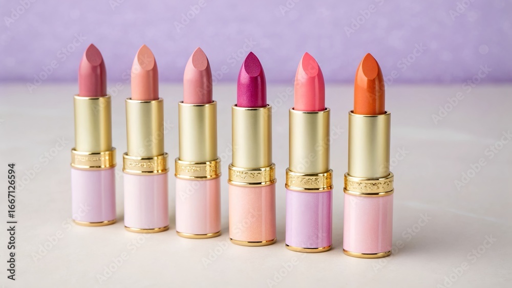 Fototapeta premium A row of six lipsticks in various shades of pink, purple, and orange against a purple backdrop