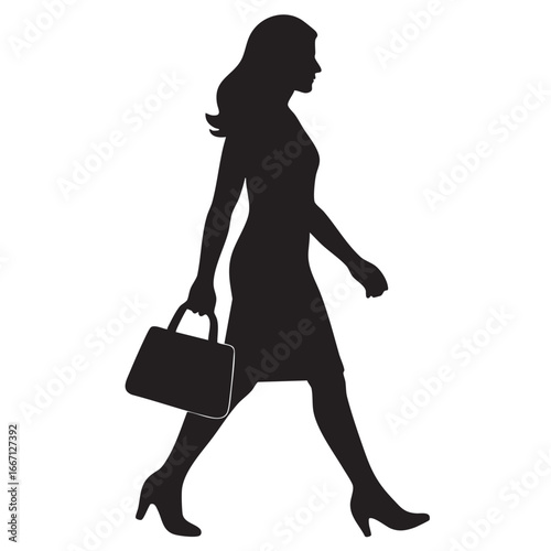 Elegant Business Woman Silhouette Walking with Handbag Isolated on White Background representing corporate lifestyle and career success
