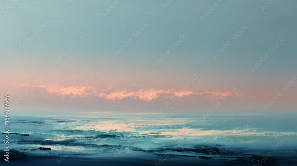 Fototapeta premium Dreamy Ocean Horizon With Soft Pink Clouds And Blue Mist At Sunset