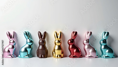 Colorful chocolate bunny figures arranged in row on white background  