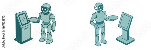 Robot serving customers at automated kiosk, Minimalist flat design