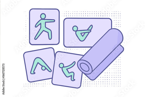 Yoga Poses and Rolled Mat, Minimalist flat design