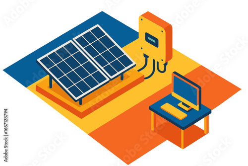 Solar Panel System with Inverter and Computer, Minimalist flat design