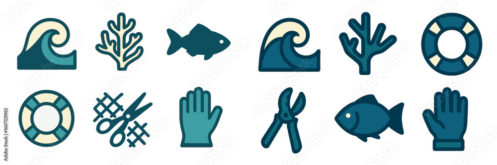 Fototapeta premium Ocean Life and Marine Tools Icons, Minimalist flat design