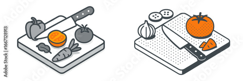 Chopping Board with Vegetables and Knife, Minimalist flat design