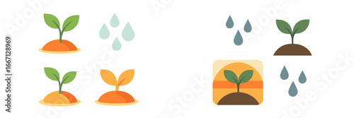 Plant Growth Stages with Water Drops, Minimalist flat design