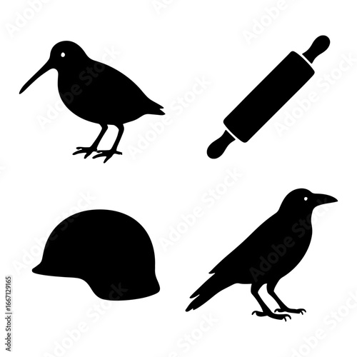 Illustration of a shorebird, rolling pin, military helmet and a crow in black silhouette style design