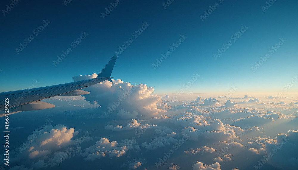 Fototapeta premium Airplane wing flying above clouds under clear deep blue sky