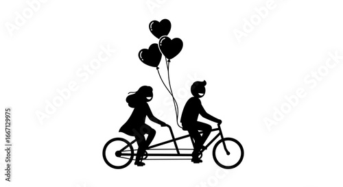 Couple Riding Tandem Bike with Heart Balloons Silhouette