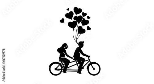 Couple Riding Tandem Bike with Heart Balloons Silhouette