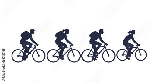 Cyclists Riding Bicycles in Seamless Pattern People with Backpacks Silhouette