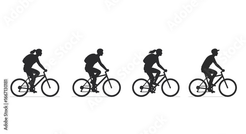 People Riding Bicycles with Backpacks in a Seamless Pattern Silhouette