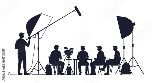 Podcast Recording Session with Camera and Lighting Equipment silhouette
