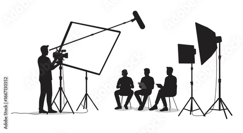 Film Crew and Actors on Set in Studio Silhouette