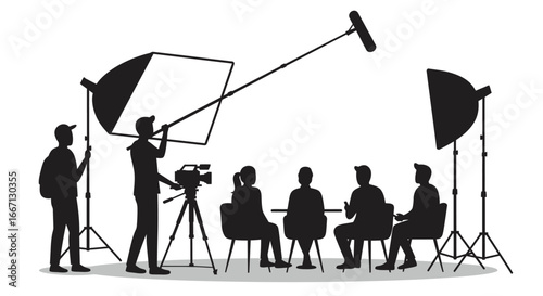 Film Crew Shooting a Scene with Actors in Silhouette Style silhouette