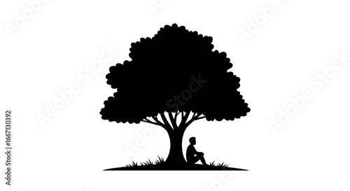 Man Sitting Under a Tree Silhouette Contemplating Life in Black and White Minimalist Style silhouette