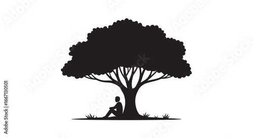 Man Resting Under a Tree Silhouette in Black and White Minimalist Style